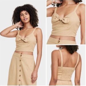 Universal Thread Tan Bow Front Crop Cami Linen Blend Summer Top Large NWOT